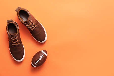 Casual male shoes on color backgroundの写真素材