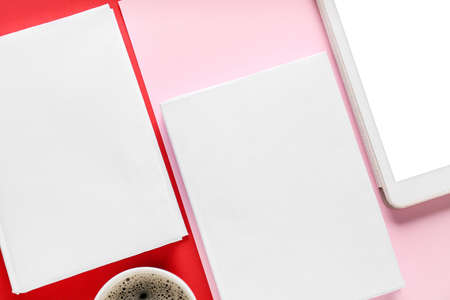 Composition with blank books and tablet computer on color background