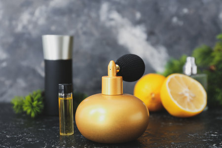 Bottles of citrus perfumes on dark background