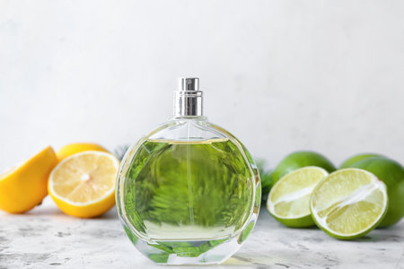 Bottle of citrus perfume on light backgroundの写真素材
