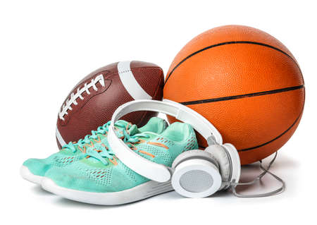 Set of sport equipment on white backgroundの写真素材