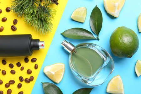 Composition with bottles of perfume on color background
