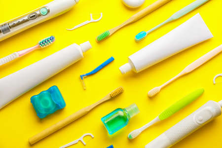 Set for oral hygiene on color backgroundの写真素材