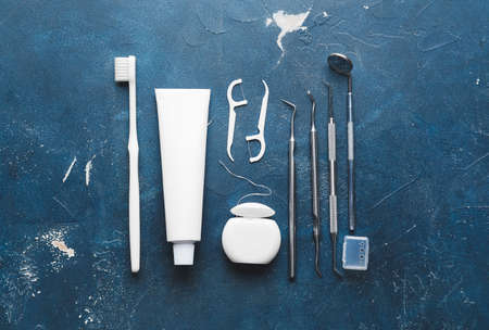 Set for oral hygiene on dark background