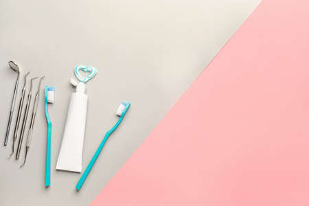 Set for oral hygiene on color background