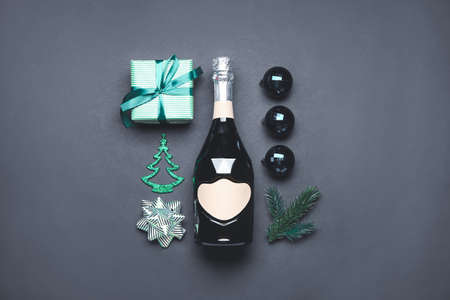New Year composition with champagne on dark backgroundの写真素材