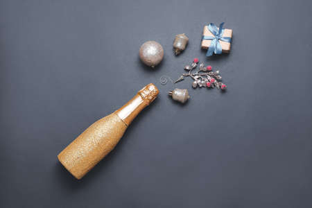 New Year composition with champagne on dark backgroundの写真素材