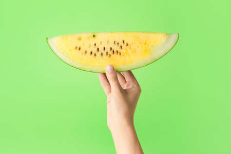 Hand with piece of yellow watermelon on color backgroundの写真素材