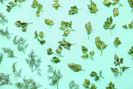 Fresh parsley and dill on color backgroundの写真素材