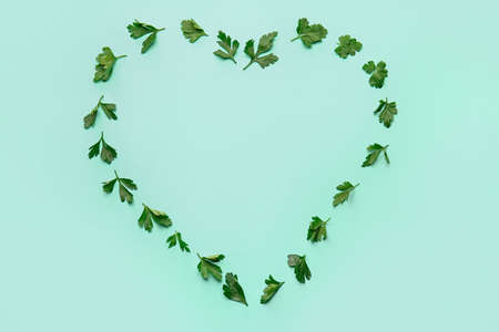 Heart made of fresh parsley on color backgroundの写真素材