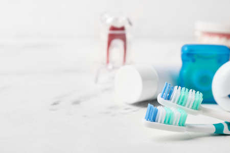 Set for oral hygiene on tableの写真素材