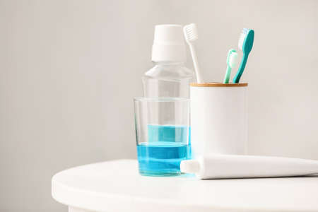 Set for oral hygiene in bathroomの写真素材