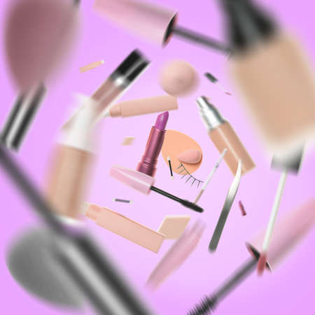 Flying decorative cosmetics on color backgroundの写真素材