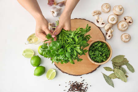 Female hands with fresh parsley on white background