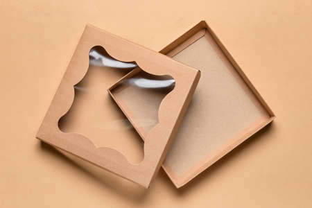 Open blank cardboard box on color background