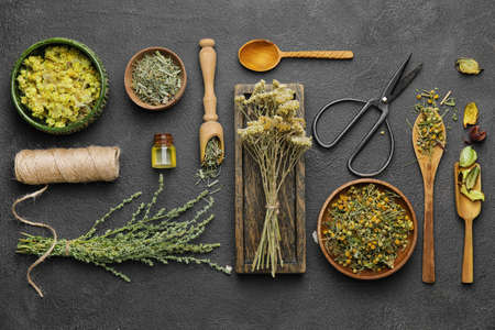 Beautiful composition with different herbs on dark backgroundの写真素材