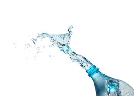 Bottle and splash of water on white background