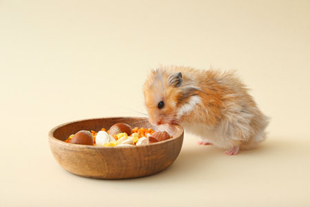 Funny hamster eating food from plate on light backgroundの写真素材