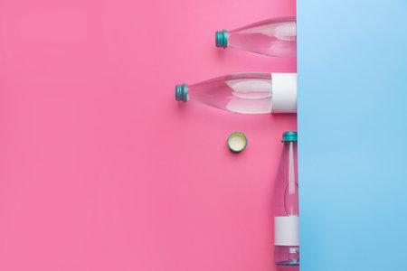 Bottles of clean water on color backgroundの写真素材