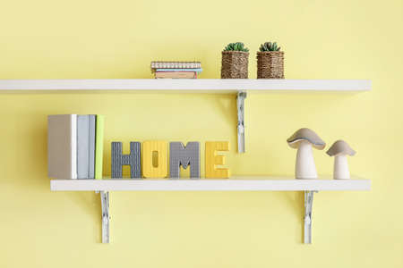 Shelves with houseplants and stylish decor on color wallの写真素材