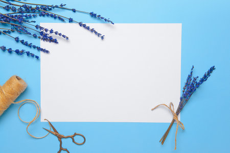 Composition with blank paper sheet on color backgroundの写真素材