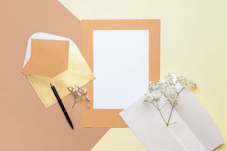 Composition with blank paper sheet and envelope on color backgroundの写真素材