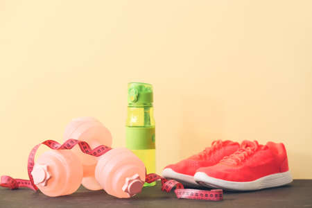 Sports equipment near color wallの写真素材