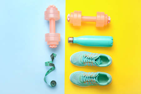 Sports equipment on color backgroundの写真素材