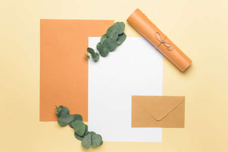 Composition with blank paper sheet on color background