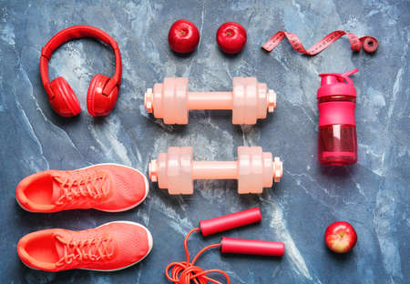 Sports equipment on color backgroundの写真素材
