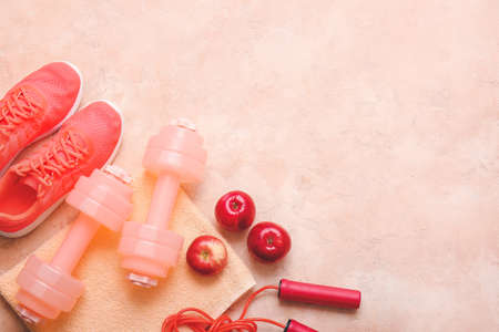 Sports equipment on color backgroundの写真素材