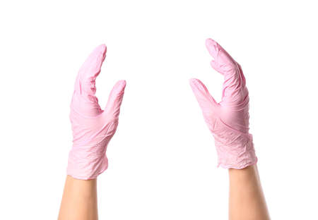 Hands in protective gloves on white backgroundの写真素材