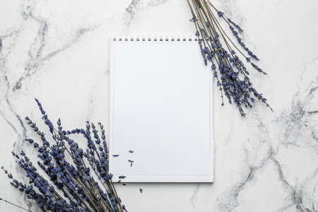 Empty notebook and flowers on white backgroundの写真素材