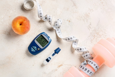 Glucometer with lancet pen, dumbbell and measuring tape on light background. Diabetes concept