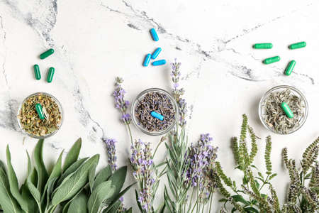 Composition with plant based pills and herbs on light background
