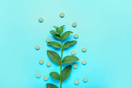 Composition with plant based pills on color background
