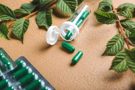 Plant based pills on color background