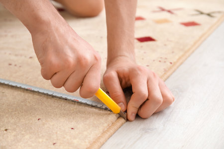 Man with measuring tape cutting carpetの写真素材