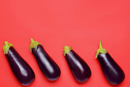 Fresh eggplants on color backgroundの写真素材