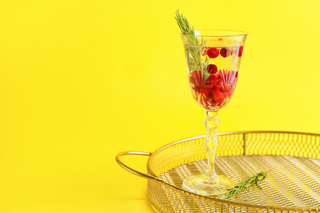Glass of champagne cocktail with cranberry and rosemary on color backgroundの写真素材