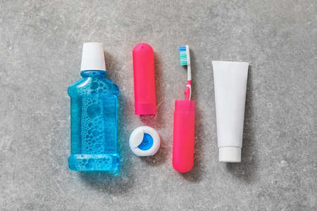 Set for oral hygiene on gray backgroundの写真素材