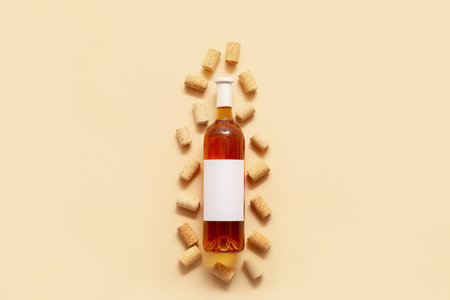 Bottle of wine with blank label and wine stoppers on color backgroundの写真素材