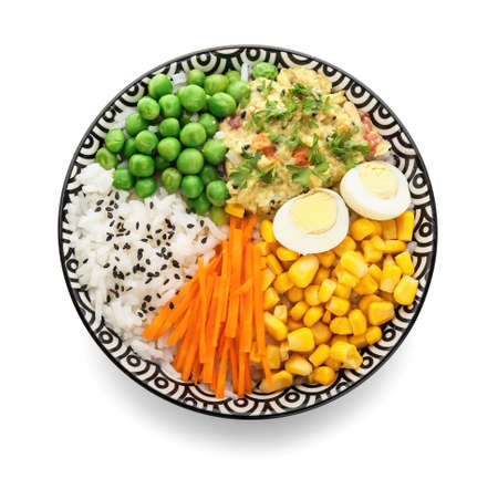 Bowl with tasty rice, eggs and vegetables on white backgroundの写真素材