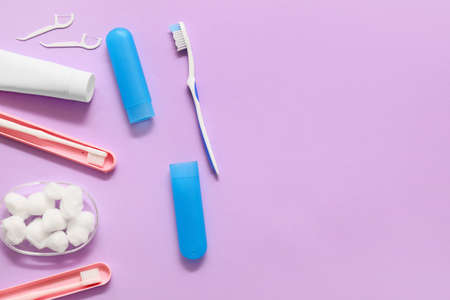 Set for oral hygiene on color background