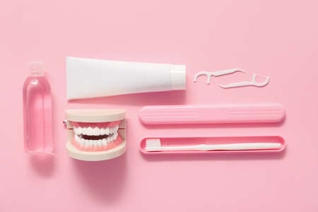 Set for oral hygiene on color backgroundの写真素材