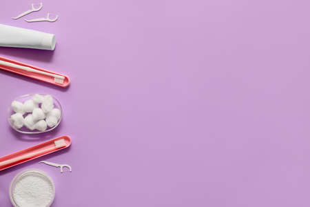 Set for oral hygiene on color background