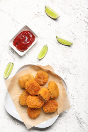 Plate with tasty nuggets on grunge backgroundの写真素材