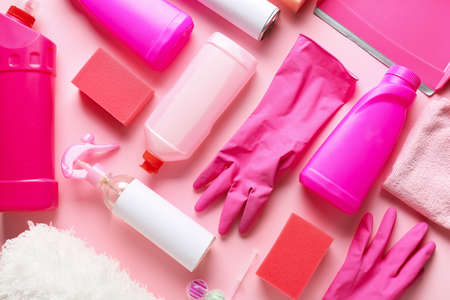 Set of cleaning supplies on color backgroundの写真素材