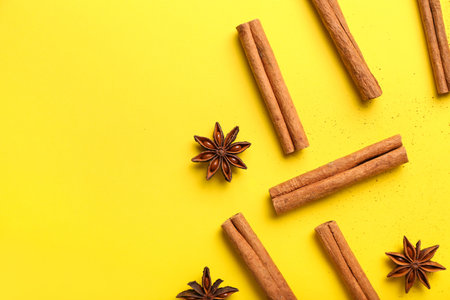 Cinnamon sticks and anise on color backgroundの写真素材