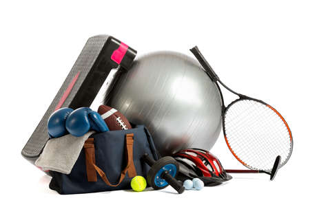Set of sport equipment on white backgroundの写真素材